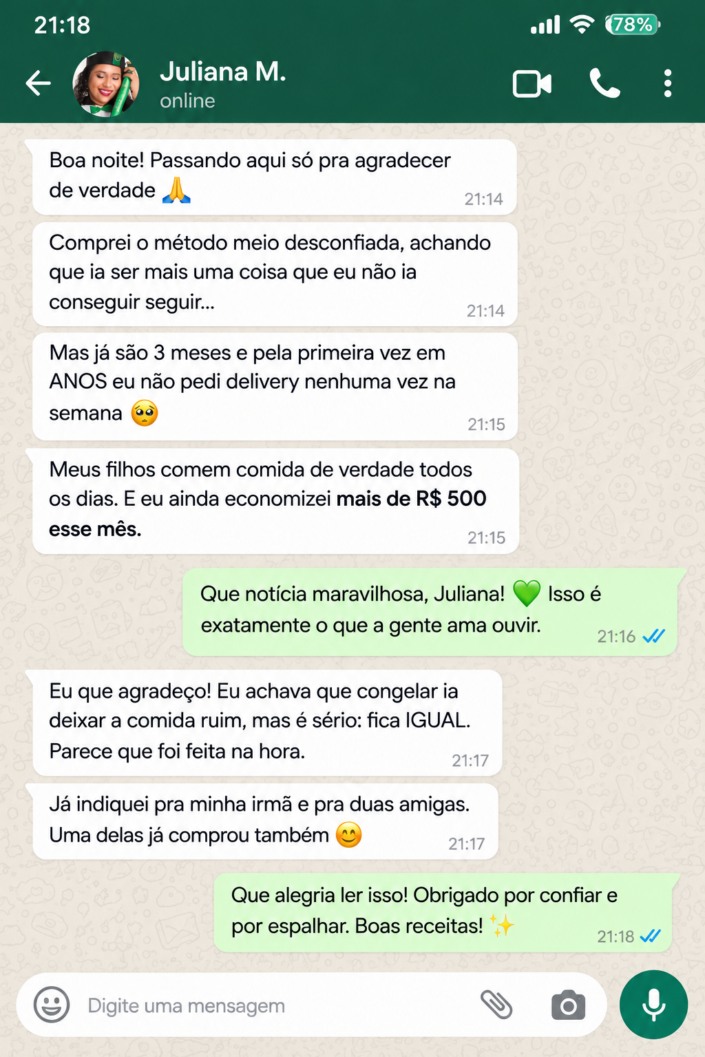 Print de conversa no WhatsApp — Juliana agradecendo pelo método e relatando economia de R$ 500